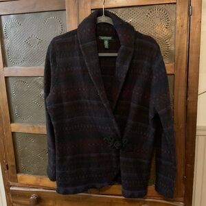 Ralph Lauren Wool Fair Isle Purple Wrap Shawl Collar Sweater 1X